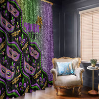 Mardi Gras window curtains with black mask print and purple glitter side panel