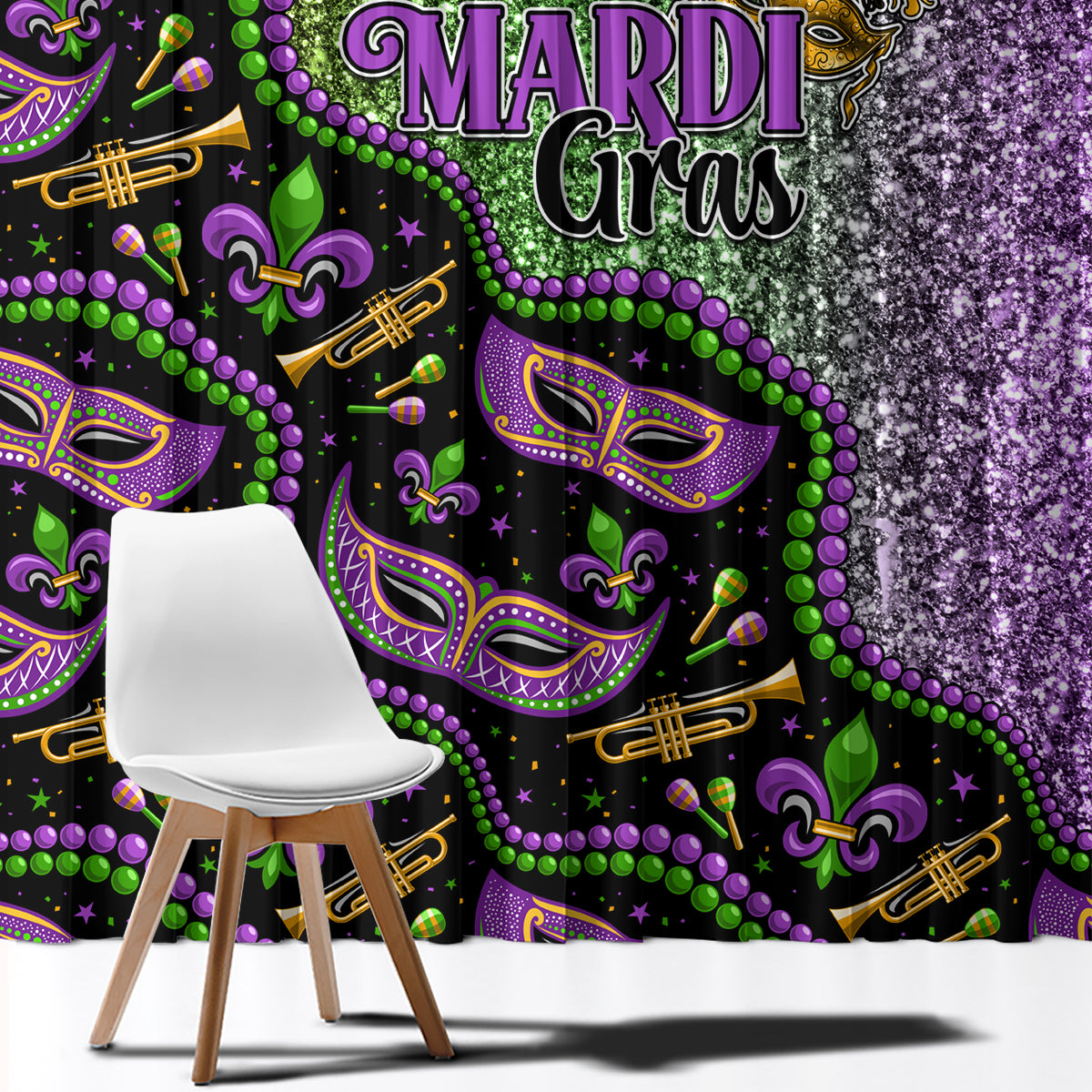 Close-up of Mardi Gras curtain panel with colorful face mask print and purple glitter