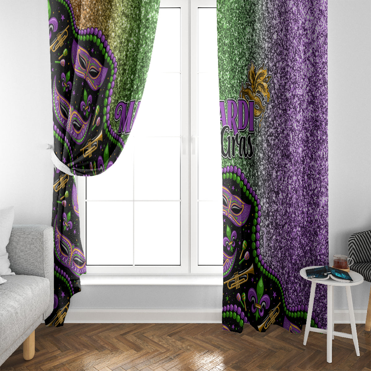 Mardi Gras window curtain panels with mask print center and purple glitter side