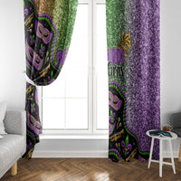 Mardi Gras window curtain panels with mask print center and purple glitter side