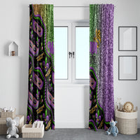 Mardi Gras window curtain pair with black mask print left and purple glitter right