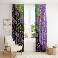 Mardi Gras curtain pair with black mask pattern and purple glitter texture panels