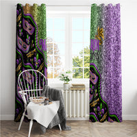 Mardi Gras window curtains with black mask print panels and purple glitter curtain