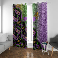 Mardi Gras curtain panels with colorful mask print and purple glitter right panel