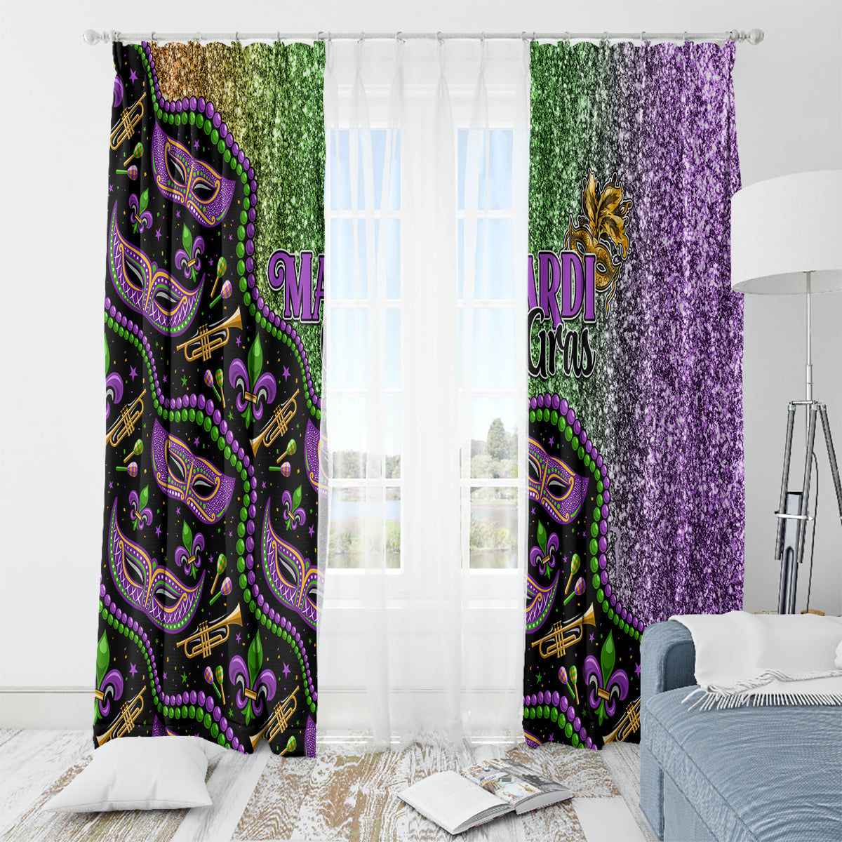 Hanging Mardi Gras window curtains with mask print left and purple glitter right