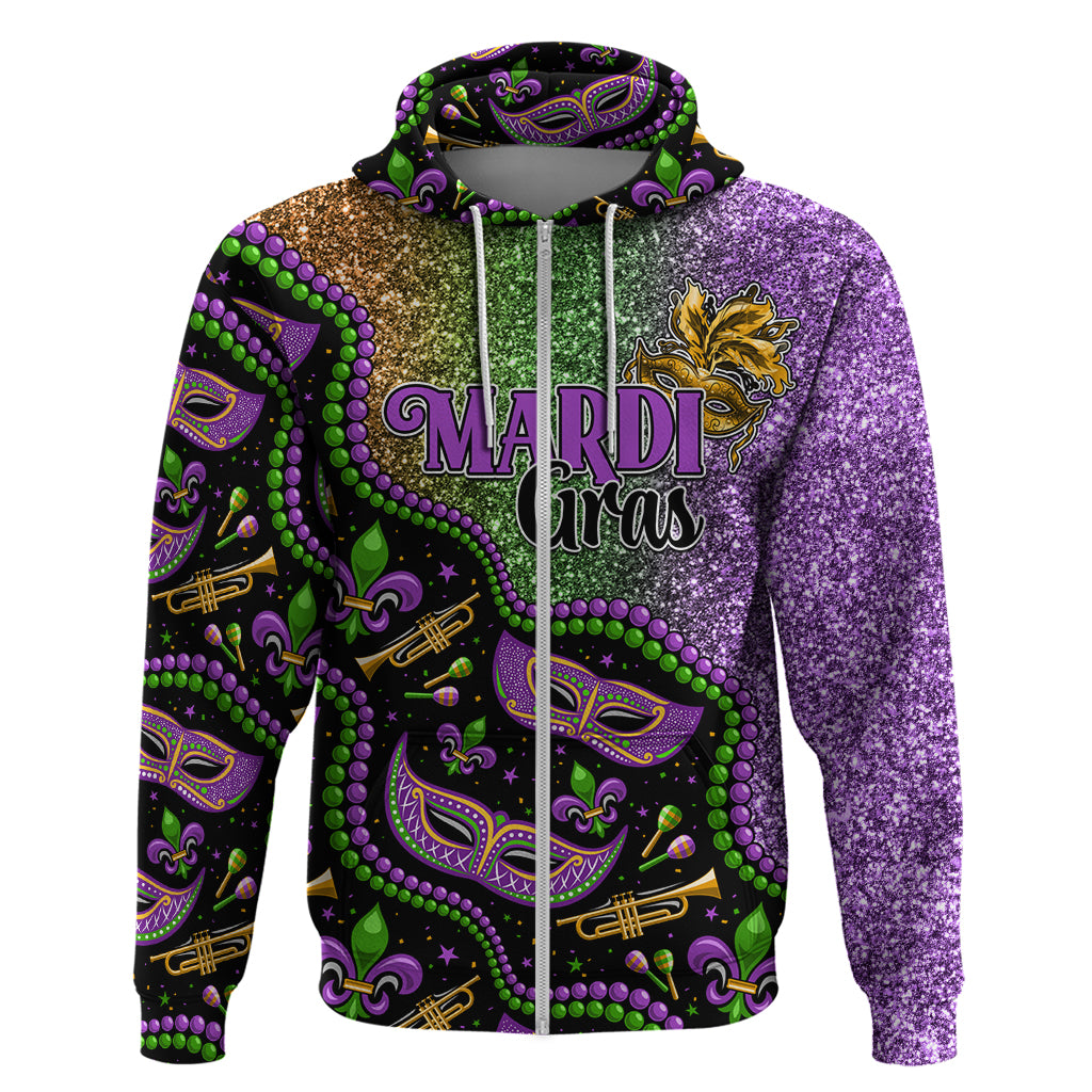 Mardi Gras zip hoodie with black base, purple glitter sleeves, colorful mask graphics