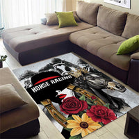 Horse racing area rug featuring black horses and red and yellow flowers on gray