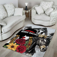 Horse racing area rug with black horse and bold red roses on light gray