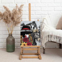 Canvas wall art with jockey and horse, crown ornament, red roses and yellow flowers