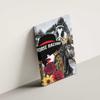 Canvas wall art mounted on wall with jockey and horse, crown, red roses and yellow flowers