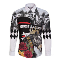 White long sleeve button shirt with horse, crown, and rose graphic; diamond sleeves