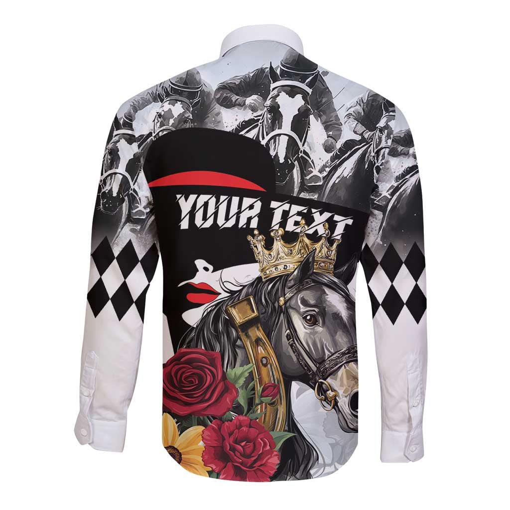 White long sleeve button shirt with horse portrait, crown, roses, and lettering; diamond panels