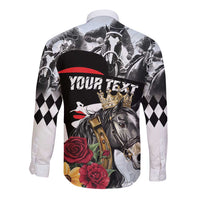 White long sleeve button shirt with horse portrait, crown, roses, and lettering; diamond panels