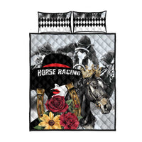 Horse racing quilt bed set with two black-and-white pillow shams and horse-and-rose design
