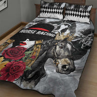 Horse racing quilt bed set with black horse graphic, red roses, and quilted diamond stitching