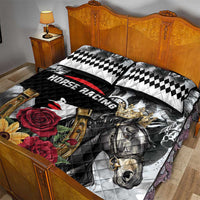 Horse racing quilt bed set with black, white, and gold horse print, red rose accents