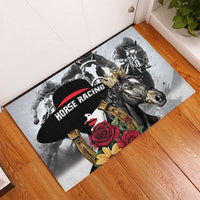 Horse racing rubber doormat with horse face artwork, black hat graphic, and red roses