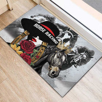 Horse racing rubber doormat with black hat badge, horse head, and red rose bouquet