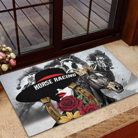 Horse racing rubber doormat with crowned horse, black hat, and red roses near doorstep