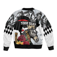 White zip bomber with checker sleeve panels, horse-crown art, 'YOUR TEXT' banner