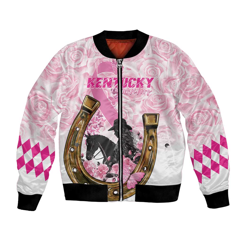Pink bomber jacket with pink rose print, horseshoe graphic and black zip-front