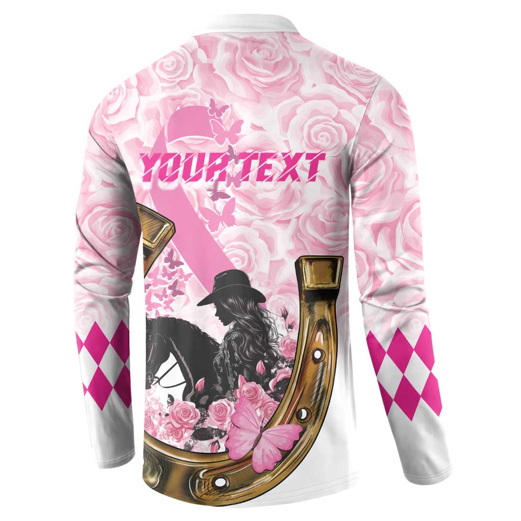 Pink rose-pattern quarter-zip sweatshirt with centered horse graphic on the back