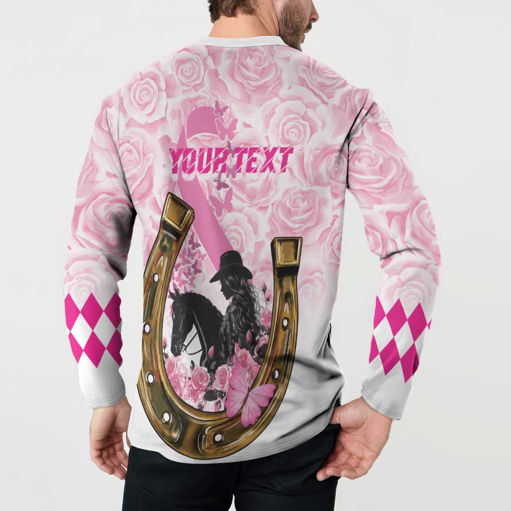 Pink rose-pattern quarter-zip sweatshirt with centered horse emblem on the back