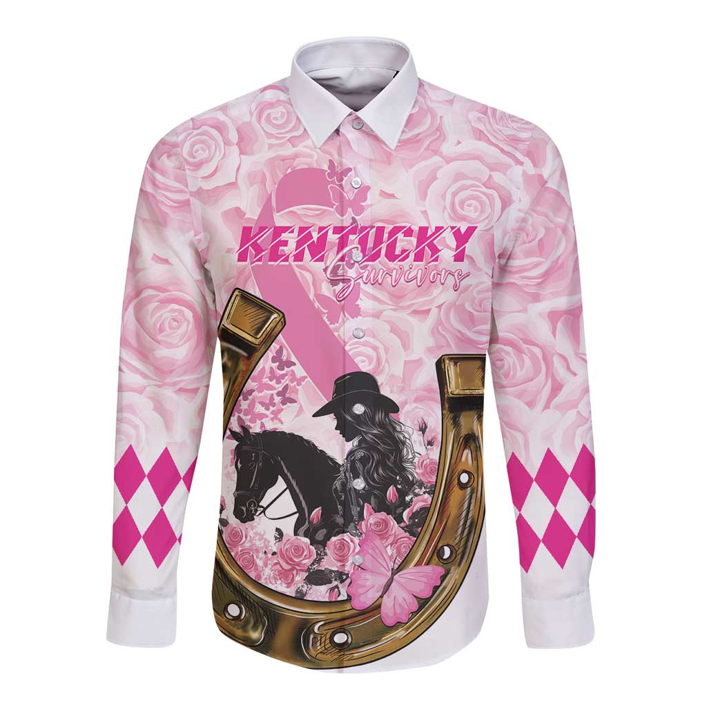 Pink long-sleeve button shirt with rose print and Kentucky Survivors horse graphic