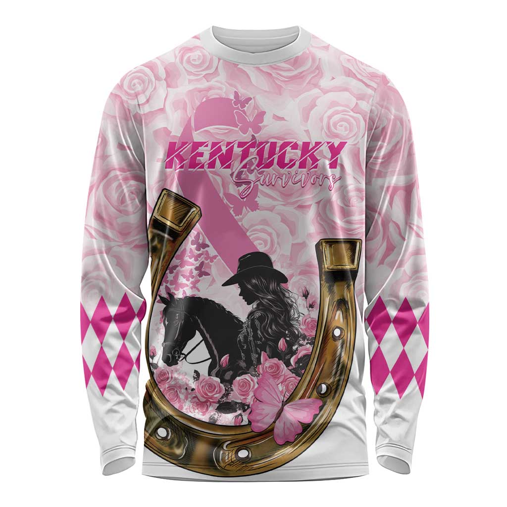 Pink long sleeve shirt with rose print, horseshoe graphic, and cowboy silhouettes