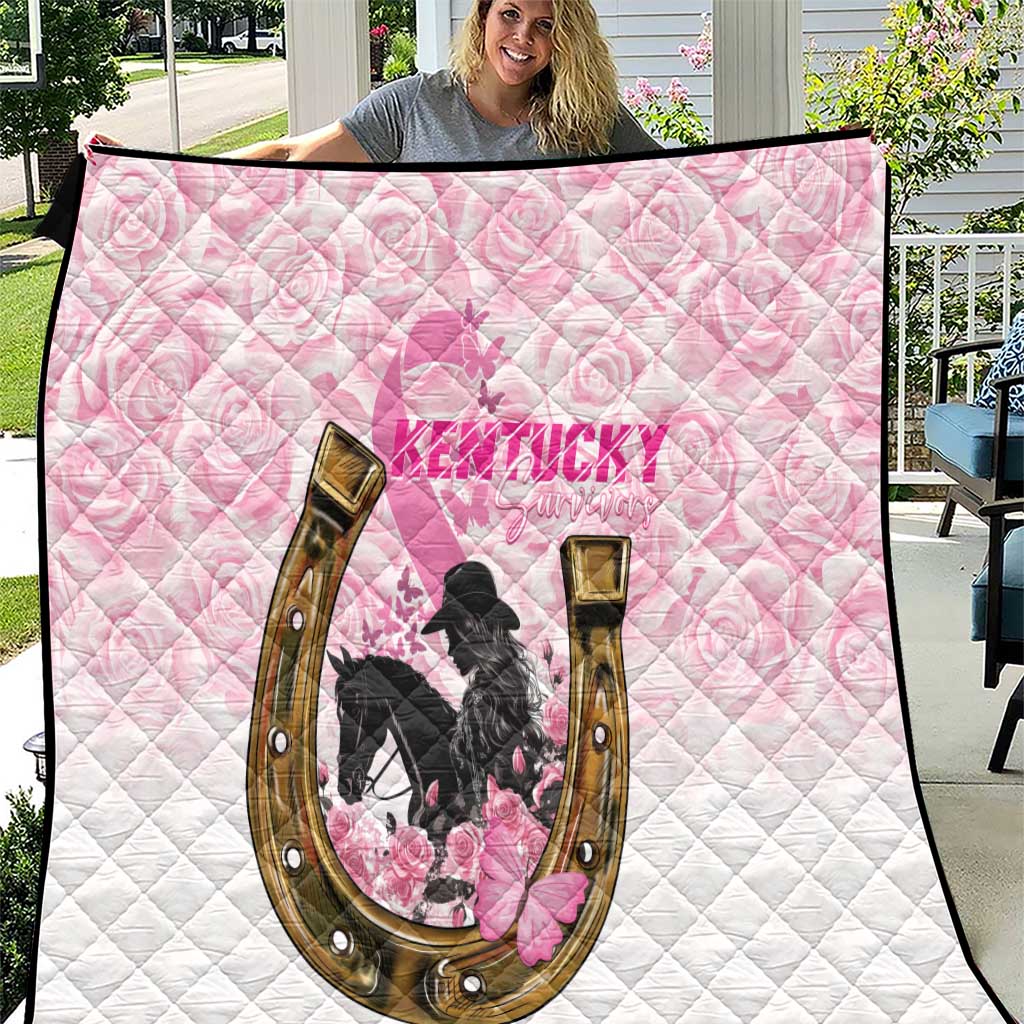 Pink and white quilt with quilted diamonds and a horseshoe graphic with black horse silhouette