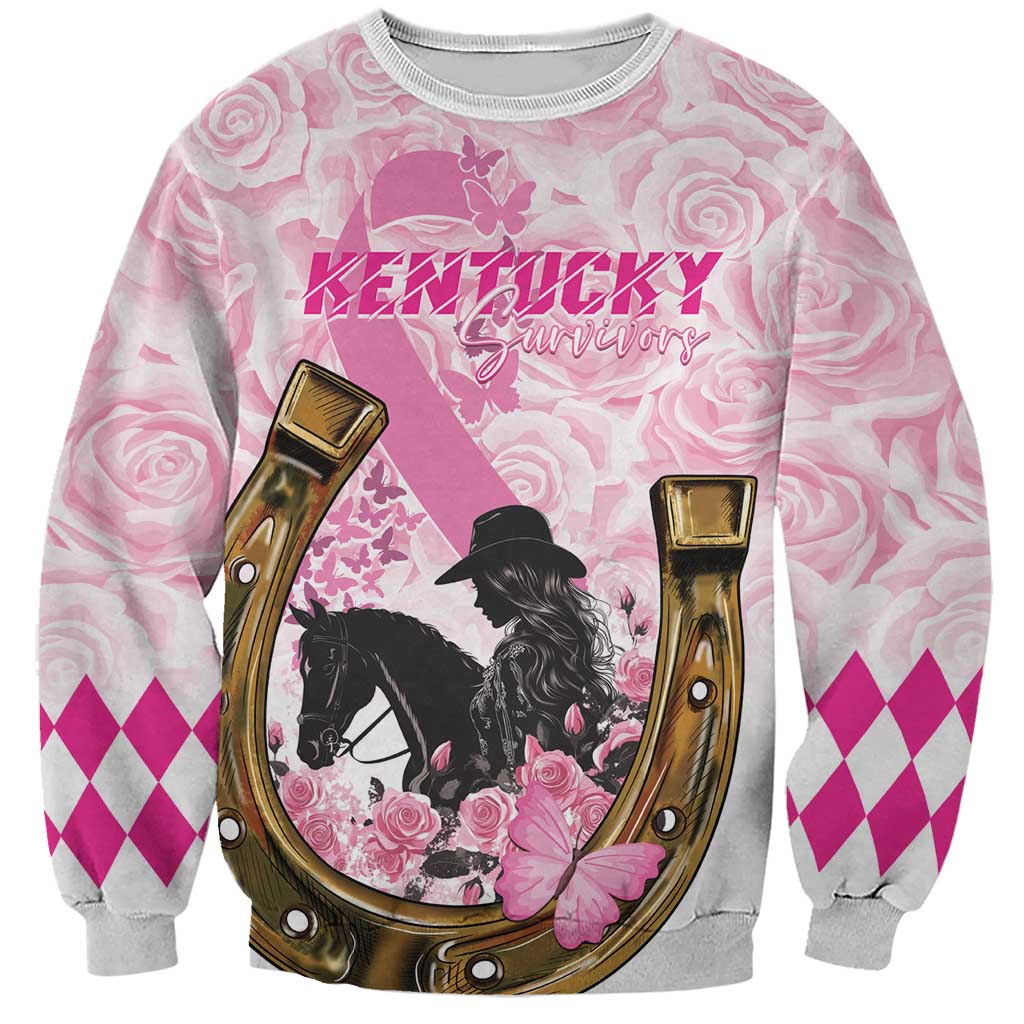Pink sweatshirt with horse-and-horseshoe graphic, roses, and Kentucky Survivors print