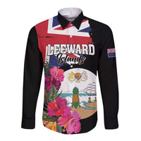Black long-sleeve button shirt with colorful front graphic, flowers, sail, crest