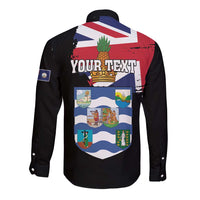 Black long-sleeve button shirt with back graphic, Union Jack, shield crests