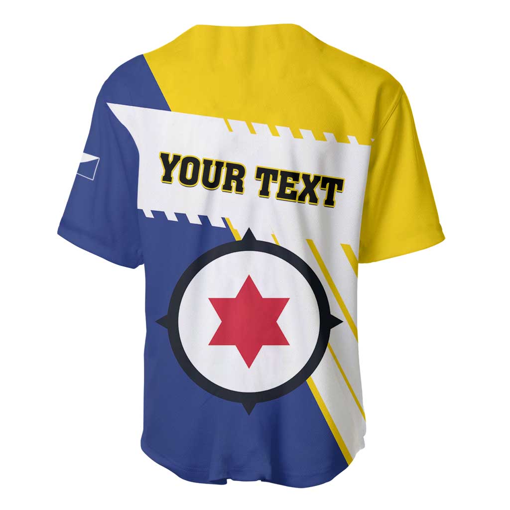 Baseball jersey with yellow and navy panels, 'YOUR TEXT' print and red star badge