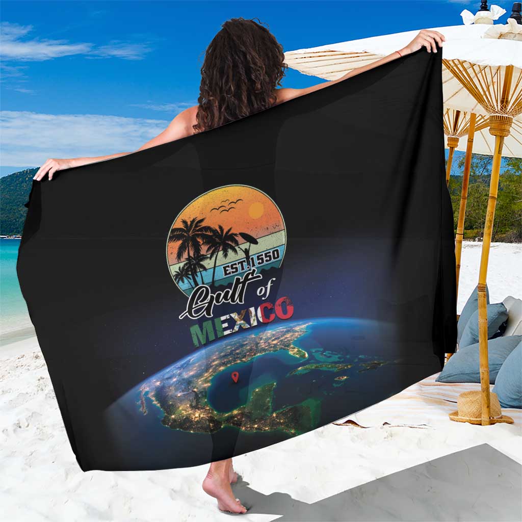 Black sarong with Gulf of Mexico graphic logo and satellite map print, draped