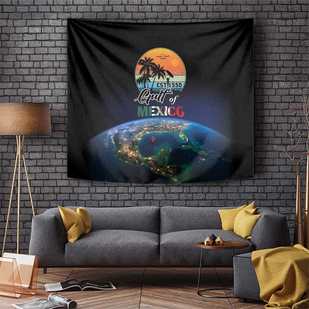Black Gulf of Mexico tapestry with globe graphic, palm sunset logo, and EST 1550 text