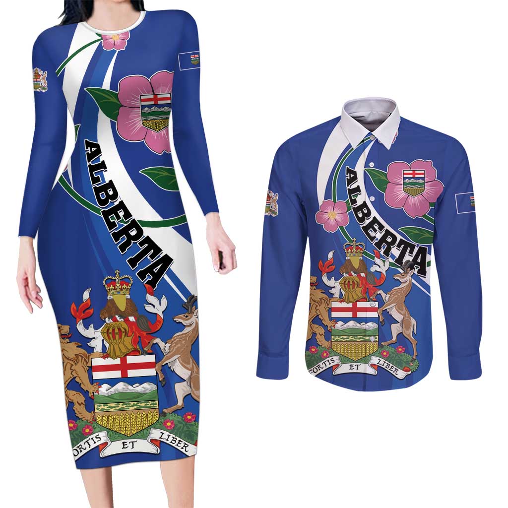 Personalized Canada Alberta Province Couples Matching Long Sleeve Bodycon Dress and Long Sleeve Button Shirt Wild Rose Fortis et liber