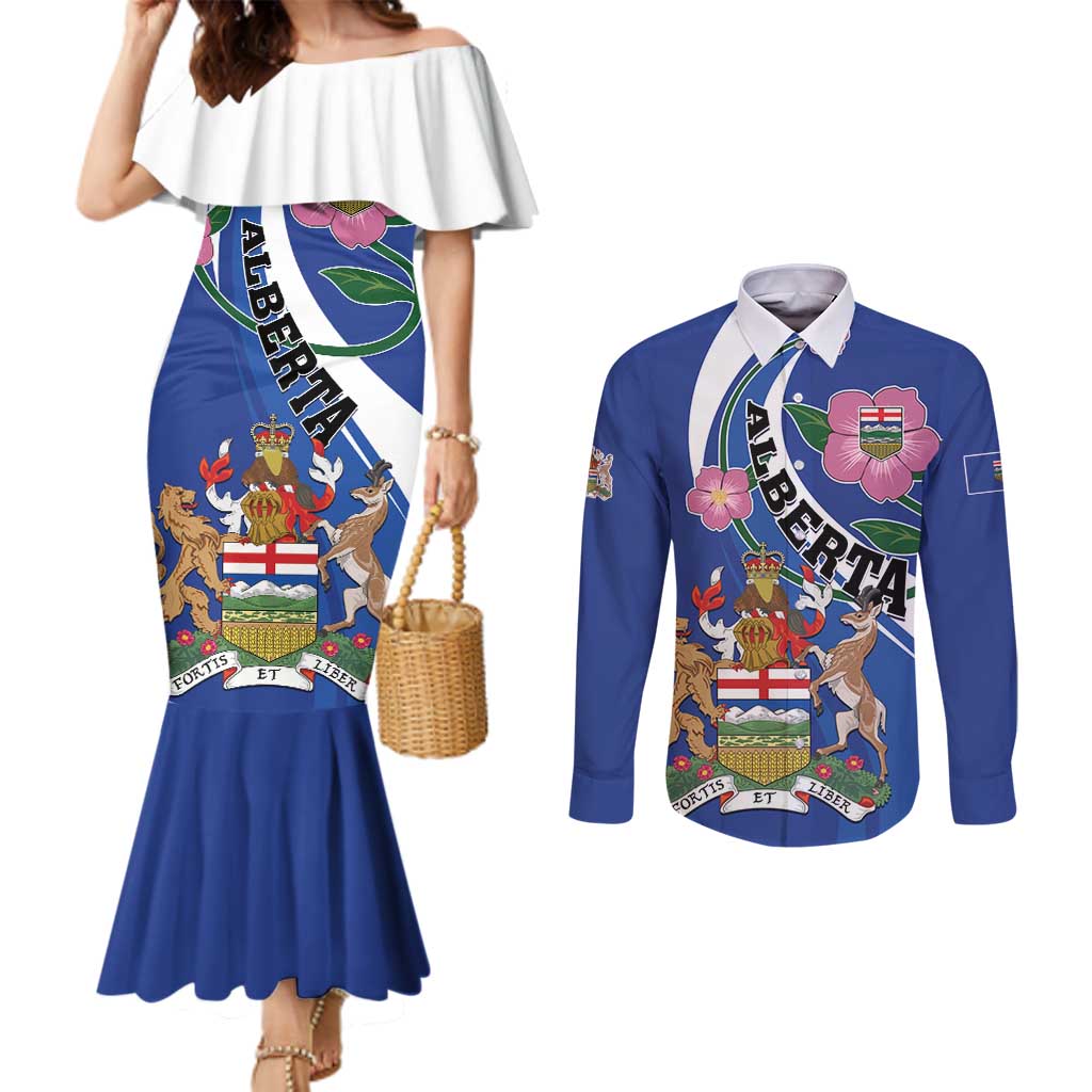 Personalized Canada Alberta Province Couples Matching Mermaid Dress and Long Sleeve Button Shirt Wild Rose Fortis et liber