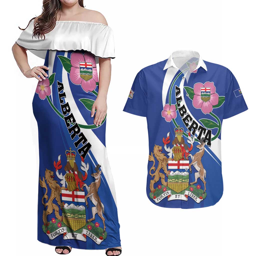 Personalized Canada Alberta Province Couples Matching Off Shoulder Maxi Dress and Hawaiian Shirt Wild Rose Fortis et liber