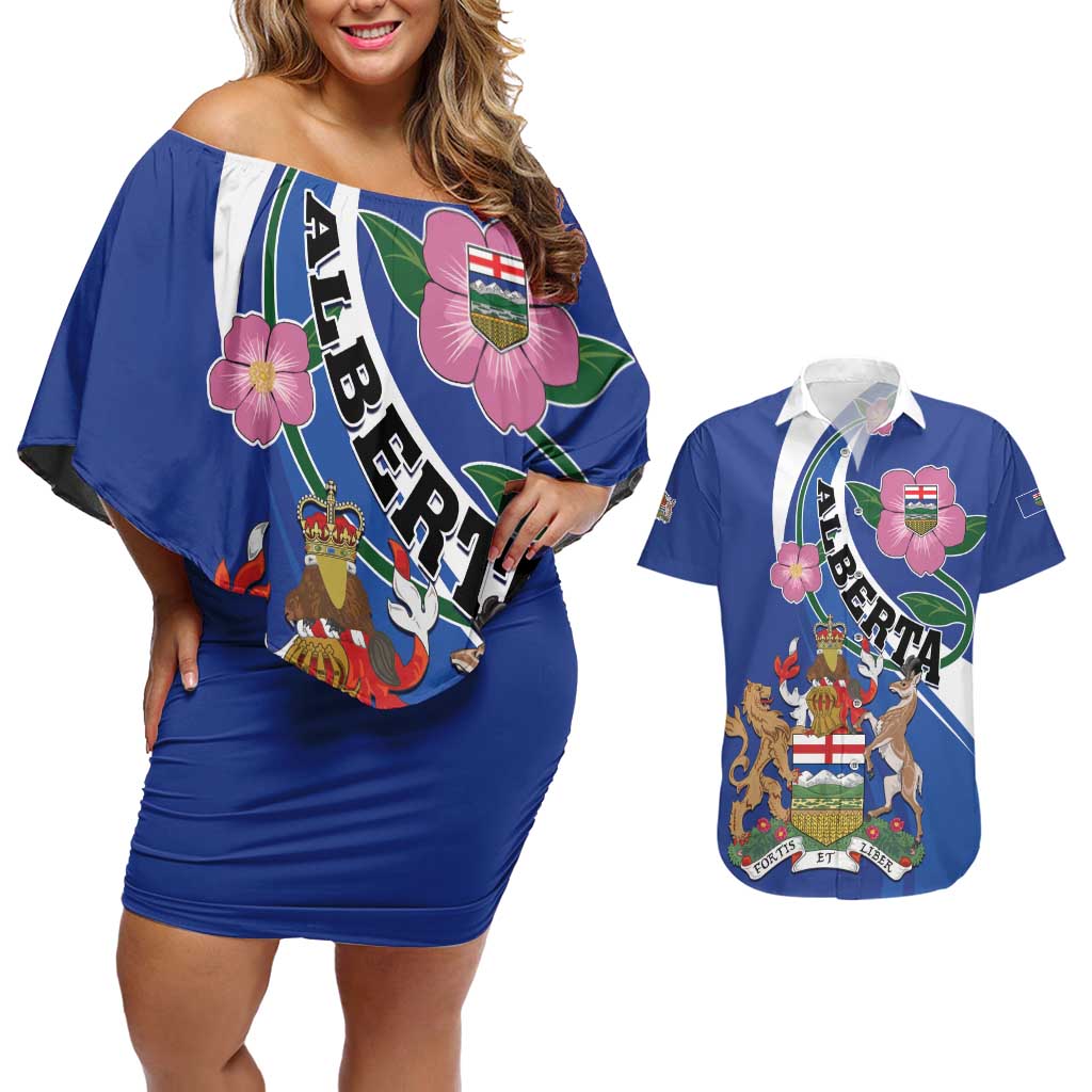 Personalized Canada Alberta Province Couples Matching Off Shoulder Short Dress and Hawaiian Shirt Wild Rose Fortis et liber