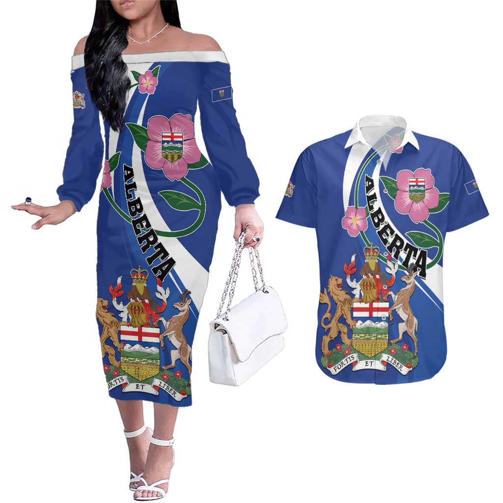 Personalized Canada Alberta Province Couples Matching Off The Shoulder Long Sleeve Dress and Hawaiian Shirt Wild Rose Fortis et liber