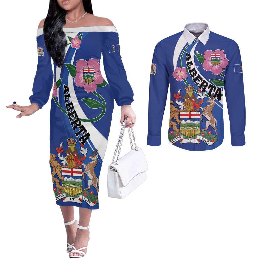 Personalized Canada Alberta Province Couples Matching Off The Shoulder Long Sleeve Dress and Long Sleeve Button Shirt Wild Rose Fortis et liber