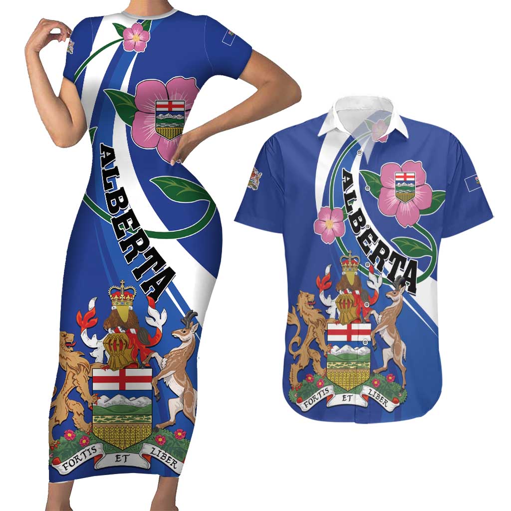 Personalized Canada Alberta Province Couples Matching Short Sleeve Bodycon Dress and Hawaiian Shirt Wild Rose Fortis et liber