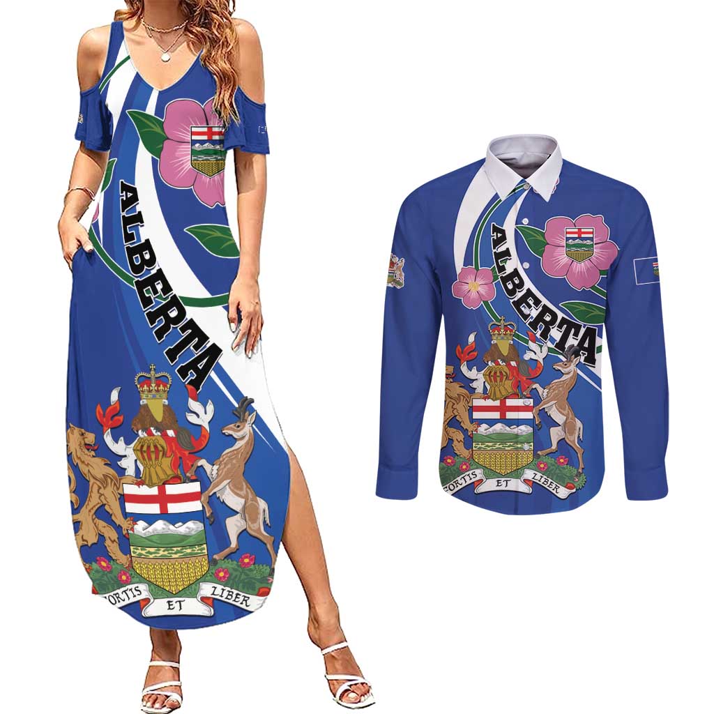 Personalized Canada Alberta Province Couples Matching Summer Maxi Dress and Long Sleeve Button Shirt Wild Rose Fortis et liber