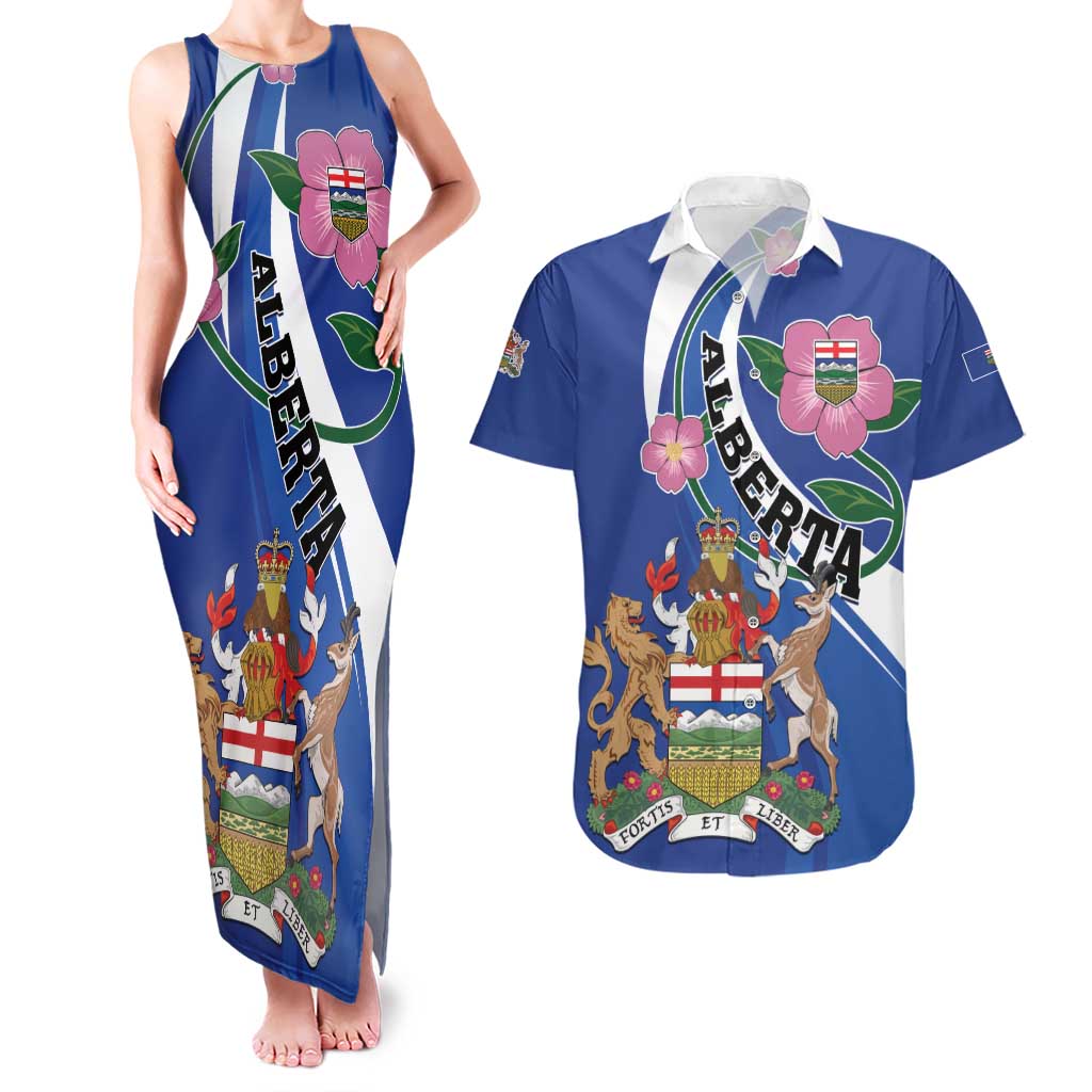 Personalized Canada Alberta Province Couples Matching Tank Maxi Dress and Hawaiian Shirt Wild Rose Fortis et liber