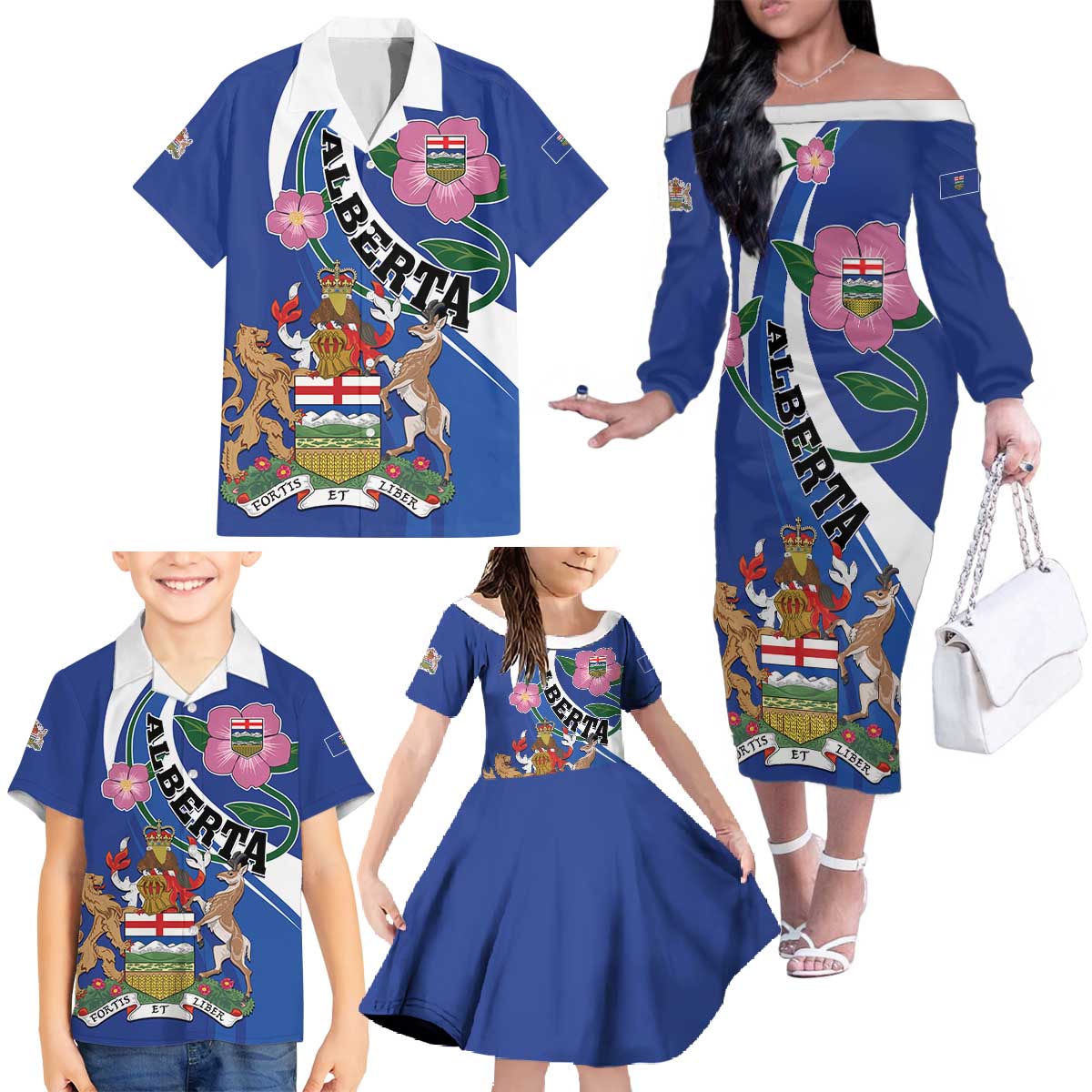 Personalized Canada Alberta Province Family Matching Off The Shoulder Long Sleeve Dress and Hawaiian Shirt Wild Rose Fortis et liber