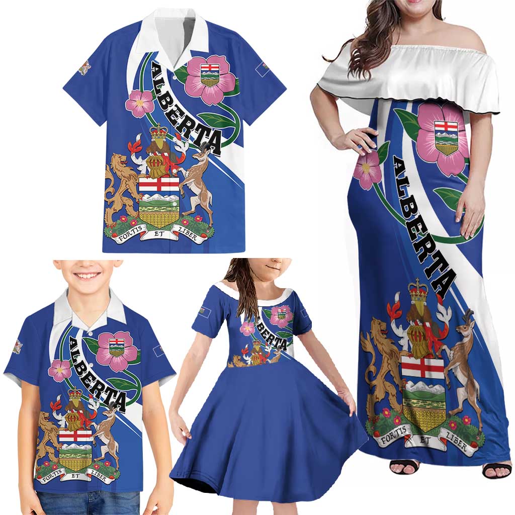 Personalized Canada Alberta Province Family Matching Off Shoulder Maxi Dress and Hawaiian Shirt Wild Rose Fortis et liber