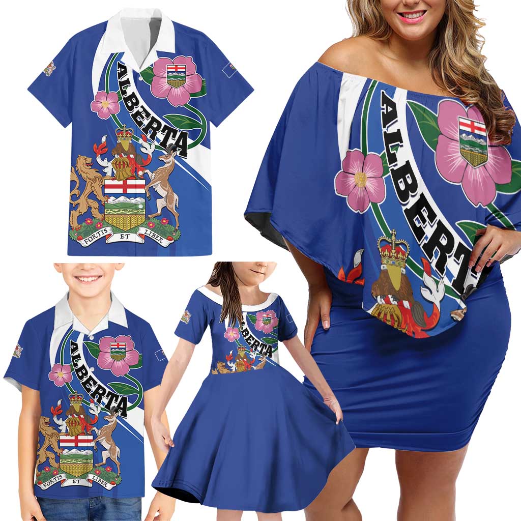 Personalized Canada Alberta Province Family Matching Off Shoulder Short Dress and Hawaiian Shirt Wild Rose Fortis et liber