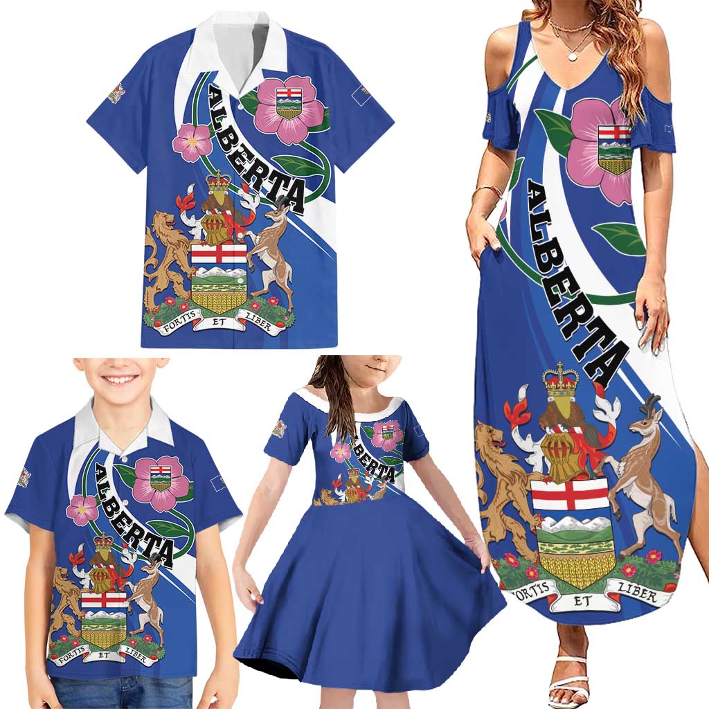 Personalized Canada Alberta Province Family Matching Summer Maxi Dress and Hawaiian Shirt Wild Rose Fortis et liber