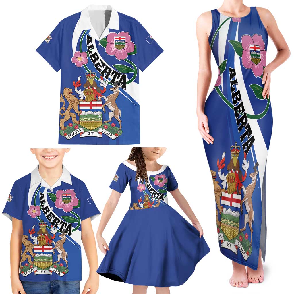 Personalized Canada Alberta Province Family Matching Tank Maxi Dress and Hawaiian Shirt Wild Rose Fortis et liber